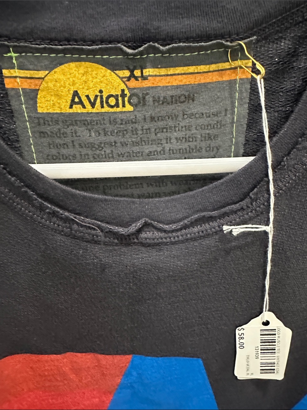 NWT Aviator Nation Black Tank with Blue 'AV' and Red-Orange-Yellow Stripe - Picture 2 of 4
